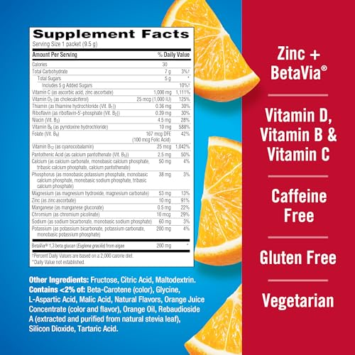 Emergen-C Immune+ Polvo de apoyo inmunológico de triple acción, BetaVia (R), 1000 mg de vitamina C, vitaminas B, vitamina D y antioxidantes, súper naranja, 50 unidades
