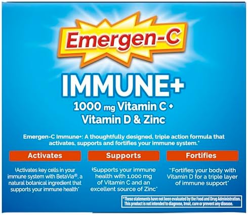Emergen C Immune  Triple Action Immune Support Powder  BetaVia  R   1000mg Vitamin C  B Vitamins  Vitamin D and Antioxidants  Super Orange  Back to School Essentials   50 Count