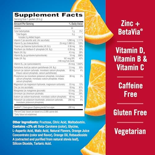 Emergen C Immune  Triple Action Immune Support Powder  BetaVia  R   1000mg Vitamin C  B Vitamins  Vitamin D and Antioxidants  Super Orange  Back to School Essentials   50 Count