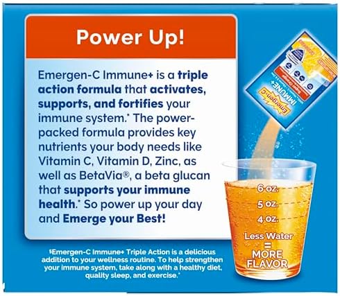Emergen C Immune  Triple Action Immune Support Powder  BetaVia  R   1000mg Vitamin C  B Vitamins  Vitamin D and Antioxidants  Super Orange  Back to School Essentials   50 Count