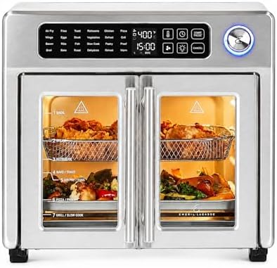 Emeril Lagasse Extra Large French Door Air Fryer Toaster Oven Combo  24 Cooking Functions and Digital Controls  7 Accessories Included  Stainless Steel Finish  26QT Capacity