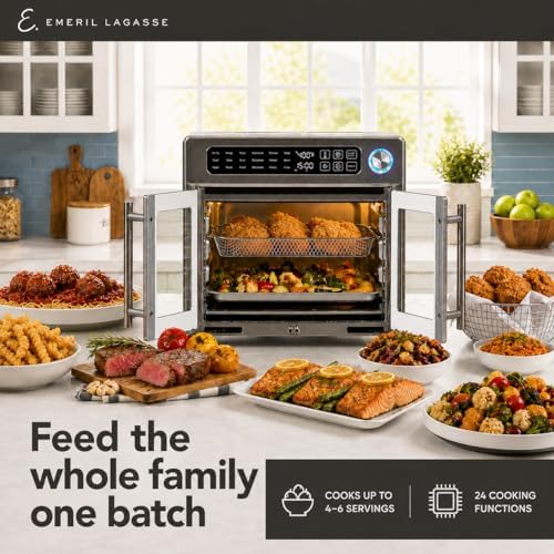 Emeril Lagasse Extra Large French Door Air Fryer Toaster Oven Combo  24 Cooking Functions and Digital Controls  7 Accessories Included  Stainless Steel Finish  26QT Capacity
