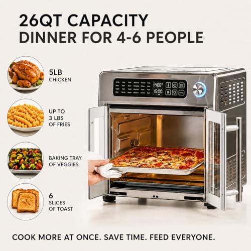 Emeril Lagasse Extra Large French Door Air Fryer Toaster Oven Combo  24 Cooking Functions and Digital Controls  7 Accessories Included  Stainless Steel Finish  26QT Capacity