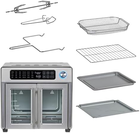 Emeril Lagasse Extra Large French Door Air Fryer Toaster Oven Combo  24 Cooking Functions and Digital Controls  7 Accessories Included  Stainless Steel Finish  26QT Capacity