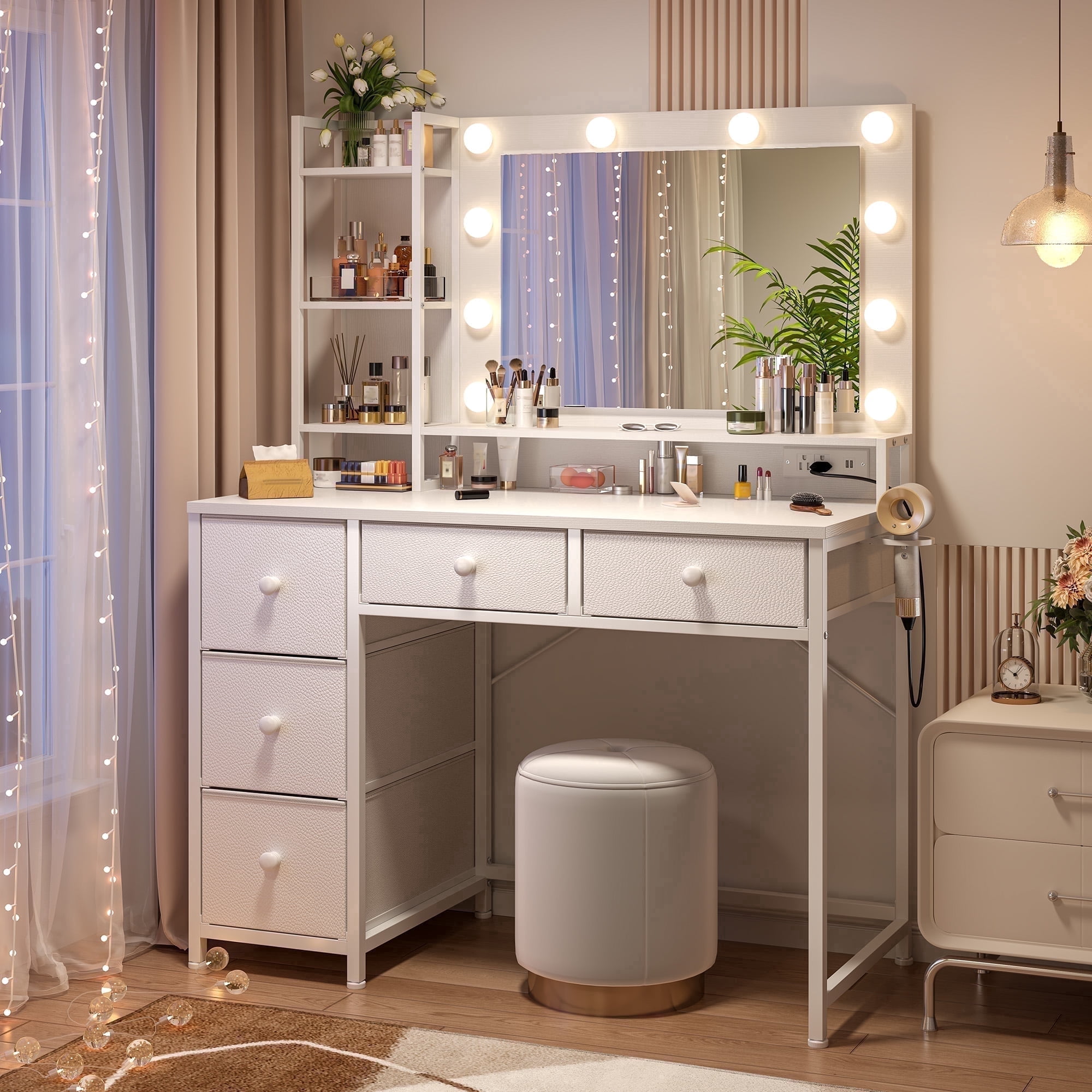 EnHomee Vanity with Mirror and Lights Makeup Vanity Desk with 5 Fabric Drawers & Power Outlet & Hair Dryer Rack Dressing Table for Bedroom White
