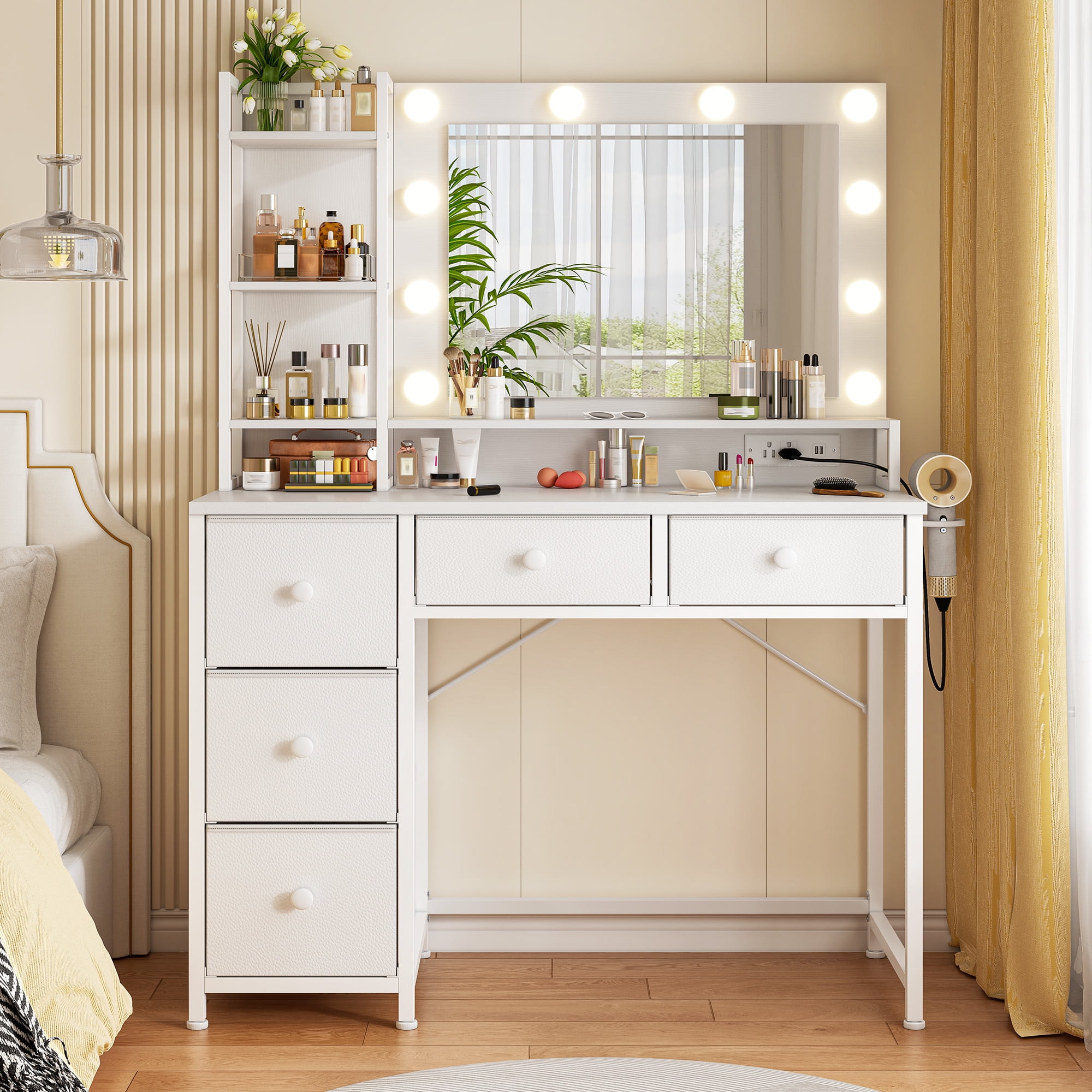 EnHomee Vanity with Mirror and Lights Makeup Vanity Desk with 5 Fabric Drawers & Power Outlet & Hair Dryer Rack Dressing Table for Bedroom White
