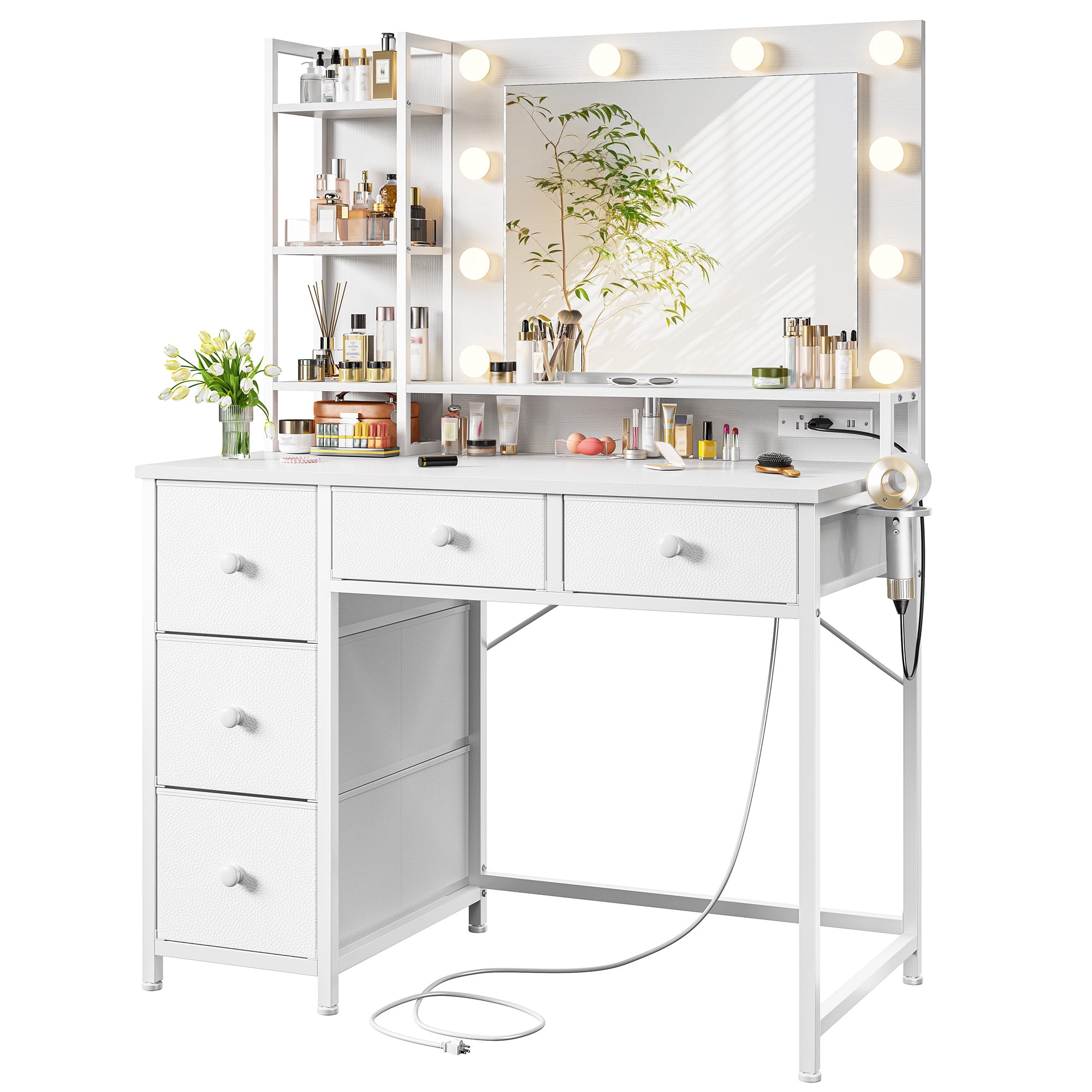 EnHomee Vanity with Mirror and Lights Makeup Vanity Desk with 5 Fabric Drawers & Power Outlet & Hair Dryer Rack Dressing Table for Bedroom White