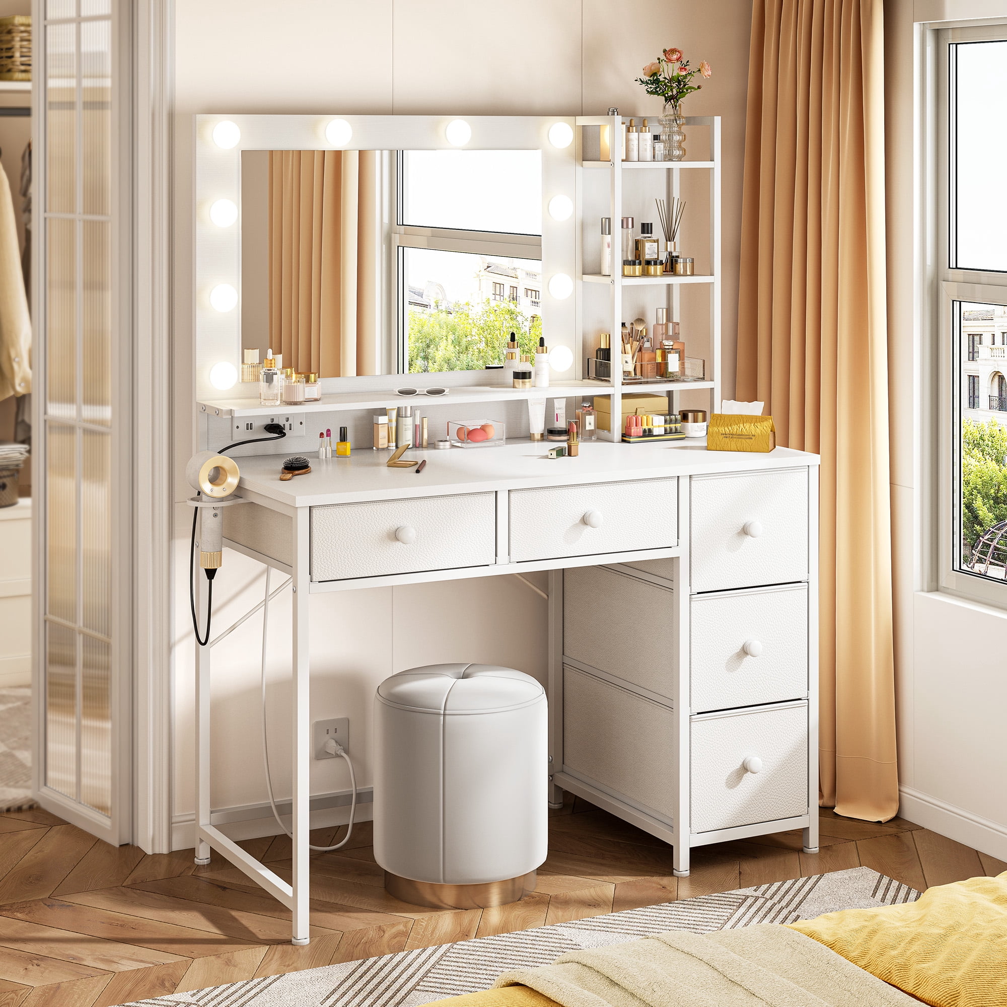 EnHomee Vanity with Mirror and Lights Makeup Vanity Desk with 5 Fabric Drawers & Power Outlet & Hair Dryer Rack Dressing Table for Bedroom White