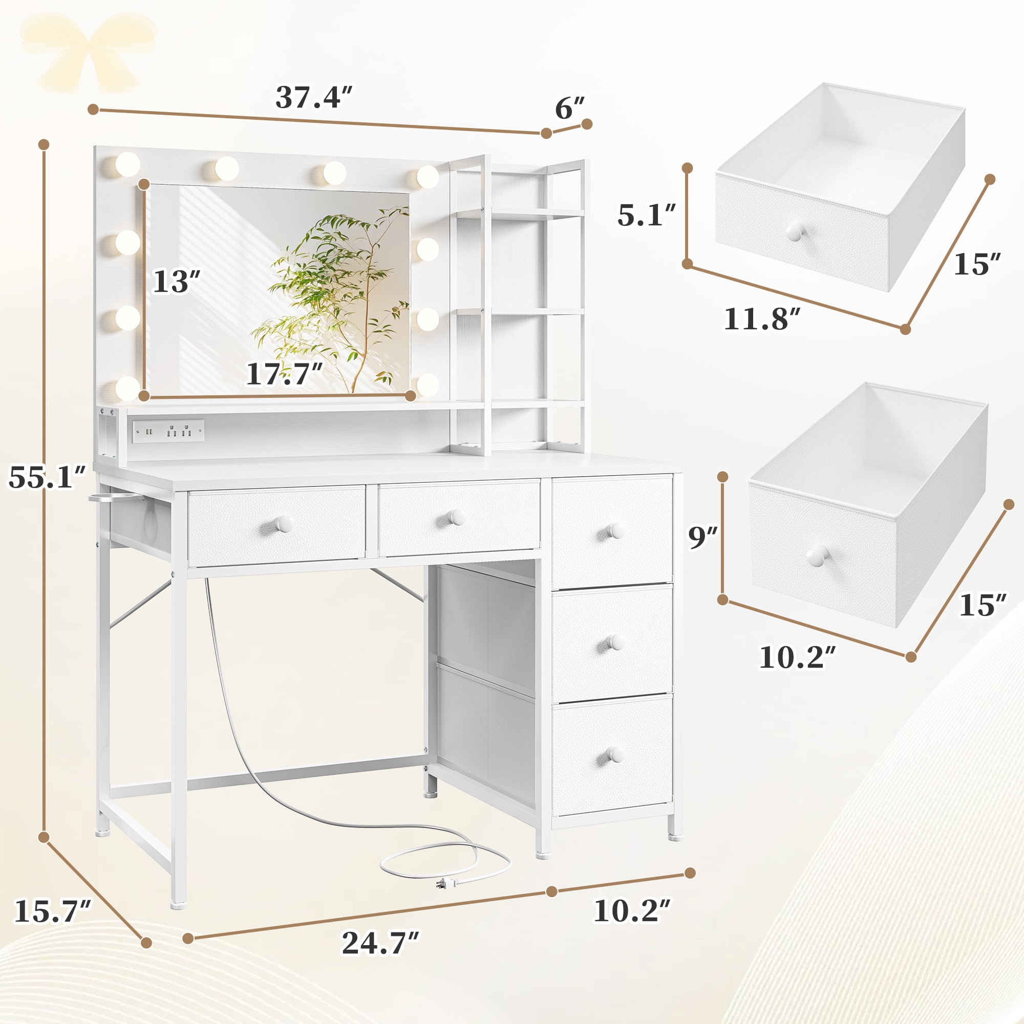 EnHomee Vanity with Mirror and Lights Makeup Vanity Desk with 5 Fabric Drawers & Power Outlet & Hair Dryer Rack Dressing Table for Bedroom White