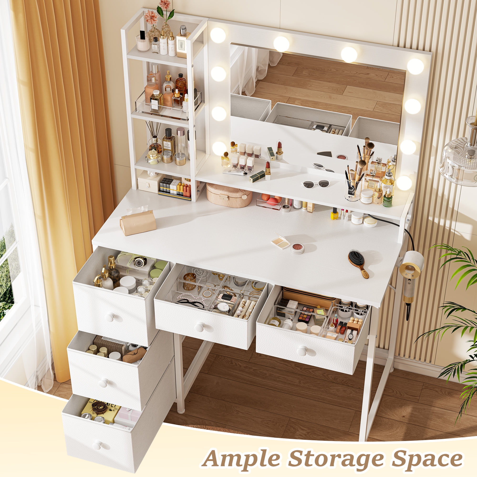 EnHomee Vanity with Mirror and Lights Makeup Vanity Desk with 5 Fabric Drawers & Power Outlet & Hair Dryer Rack Dressing Table for Bedroom White