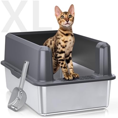 Enclosed Stainless Steel Cat Litter Box with Lid  XL Extra Large Litter Box for Big Cats  Metal Litter Pan High Sided  Never Absorbs Odors  Anti Urine Leakage  Easy Cleaning  Include Scoop