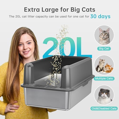 Enclosed Stainless Steel Cat Litter Box with Lid  XL Extra Large Litter Box for Big Cats  Metal Litter Pan High Sided  Never Absorbs Odors  Anti Urine Leakage  Easy Cleaning  Include Scoop