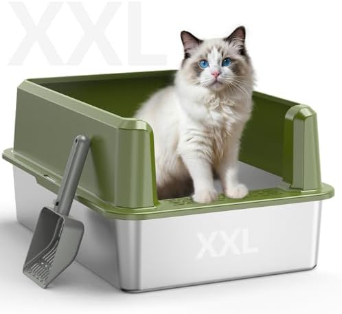 Enclosed Stainless Steel Cat Litter Box with Lid  XL Extra Large Litter Box for Big Cats  Metal Litter Pan High Sided  Never Absorbs Odors  Anti Urine Leakage  Easy Cleaning  Include Scoop