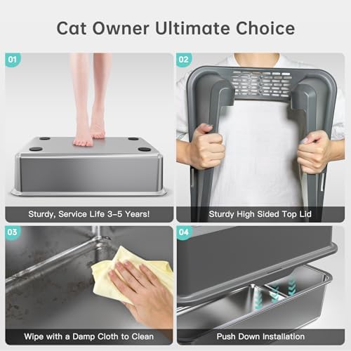 Enclosed Stainless Steel Cat Litter Box with Lid  XL Extra Large Litter Box for Big Cats  Metal Litter Pan High Sided  Never Absorbs Odors  Anti Urine Leakage  Easy Cleaning  Include Scoop