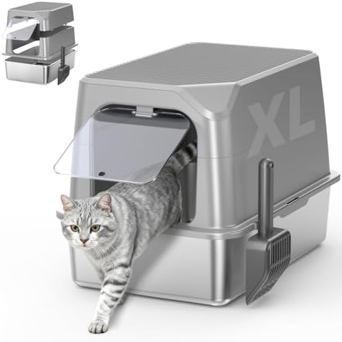 Enclosed Stainless Steel Cat Litter Box with Lid  XL Extra Large Litter Box for Big Cats  Metal Litter Pan High Sided  Never Absorbs Odors  Anti Urine Leakage  Easy Cleaning  Include Scoop