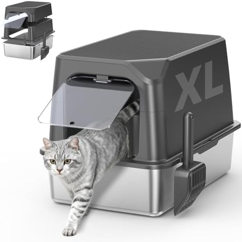Enclosed Stainless Steel Cat Litter Box with Lid  XL Extra Large Litter Box for Big Cats  Metal Litter Pan High Sided  Never Absorbs Odors  Anti Urine Leakage  Easy Cleaning  Include Scoop
