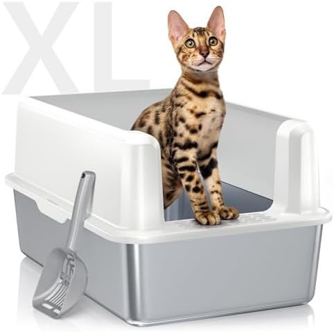 Enclosed Stainless Steel Cat Litter Box with Lid  XL Extra Large Litter Box for Big Cats  Metal Litter Pan High Sided  Never Absorbs Odors  Anti Urine Leakage  Easy Cleaning  Include Scoop