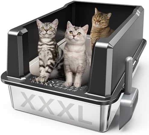 Enclosed Stainless Steel Cat Litter Box with Lid  XL Extra Large Litter Box for Big Cats  Metal Litter Pan High Sided  Never Absorbs Odors  Anti Urine Leakage  Easy Cleaning  Include Scoop