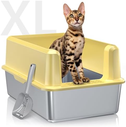 Enclosed Stainless Steel Cat Litter Box with Lid  XL Extra Large Litter Box for Big Cats  Metal Litter Pan High Sided  Never Absorbs Odors  Anti Urine Leakage  Easy Cleaning  Include Scoop