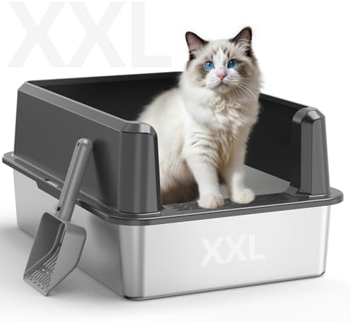 Enclosed Stainless Steel Cat Litter Box with Lid  XL Extra Large Litter Box for Big Cats  Metal Litter Pan High Sided  Never Absorbs Odors  Anti Urine Leakage  Easy Cleaning  Include Scoop