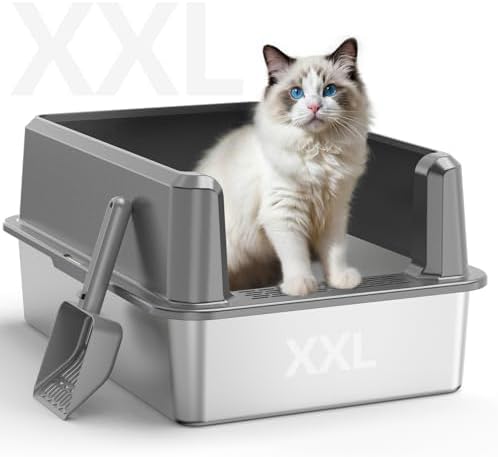 Enclosed Stainless Steel Cat Litter Box with Lid  XL Extra Large Litter Box for Big Cats  Metal Litter Pan High Sided  Never Absorbs Odors  Anti Urine Leakage  Easy Cleaning  Include Scoop