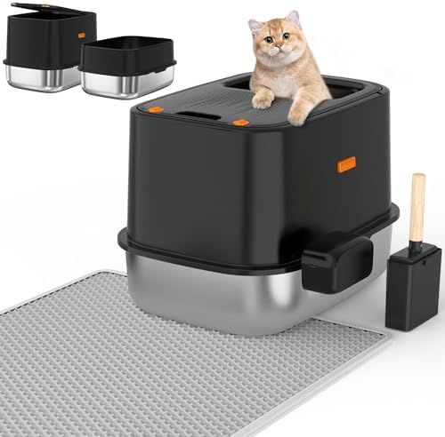 Enclosed Stainless Steel Cat Litter Box with Lid  XL Extra Large Litter Box for Big Cats  Metal Litter Pan High Sided  Never Absorbs Odors  Anti Urine Leakage  Easy Cleaning  Include Scoop
