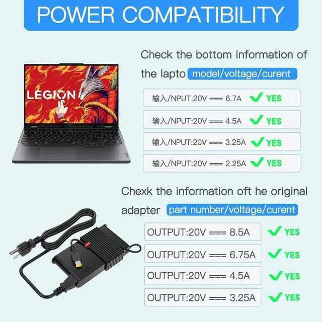 Energizewiz 170W Charger 20V 8 5A for Lenovo Legion Slim 5 Yoga Pro 9i ThinkPad X1 Extreme P16 P16v IdeaPad Pro 5 LOQ 15APH8 6IRH8 15IRX9 15AHP9 ADL1703c3a USB Rectangular Tip