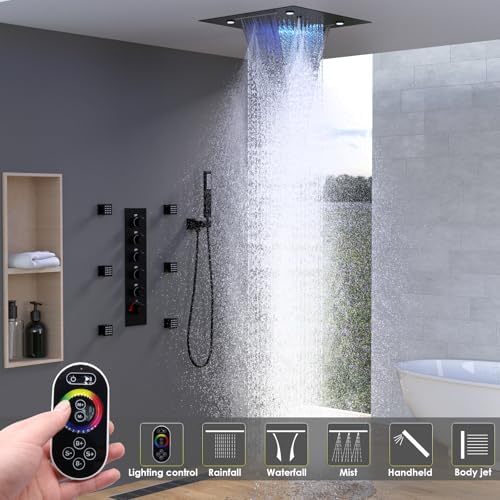 Enga Full Body LED Thermostatic Shower System with Body Jets  20 Inch 3 Function Shower Head  Rainfall & Mist & Waterfall   Luxury Multi Function Rain Shower Faucet Set  Matte Black