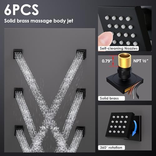 Enga Full Body LED Thermostatic Shower System with Body Jets  20 Inch 3 Function Shower Head  Rainfall & Mist & Waterfall   Luxury Multi Function Rain Shower Faucet Set  Matte Black