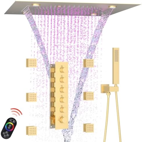 Enga Full Body LED Thermostatic Shower System with Body Jets  20 Inch 3 Function Shower Head  Rainfall & Mist & Waterfall   Luxury Multi Function Rain Shower Faucet Set  Matte Black