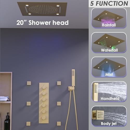 Enga Full Body LED Thermostatic Shower System with Body Jets  20 Inch 3 Function Shower Head  Rainfall & Mist & Waterfall   Luxury Multi Function Rain Shower Faucet Set  Matte Black