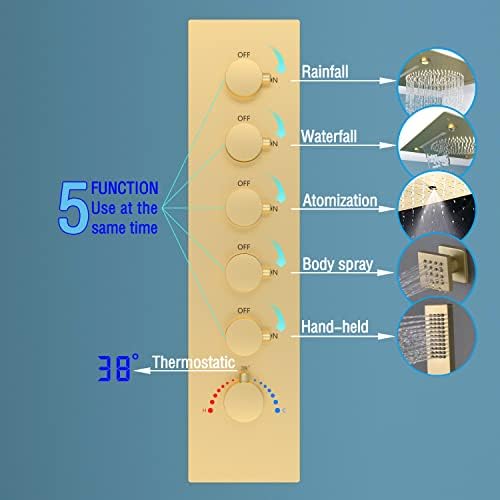 Enga Full Body LED Thermostatic Shower System with Body Jets  20 Inch 3 Function Shower Head  Rainfall & Mist & Waterfall   Luxury Multi Function Rain Shower Faucet Set  Matte Black