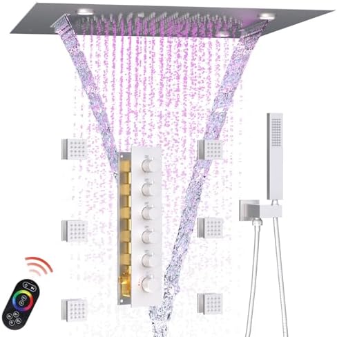 Enga Full Body LED Thermostatic Shower System with Body Jets  20 Inch 3 Function Shower Head  Rainfall & Mist & Waterfall   Luxury Multi Function Rain Shower Faucet Set  Matte Black