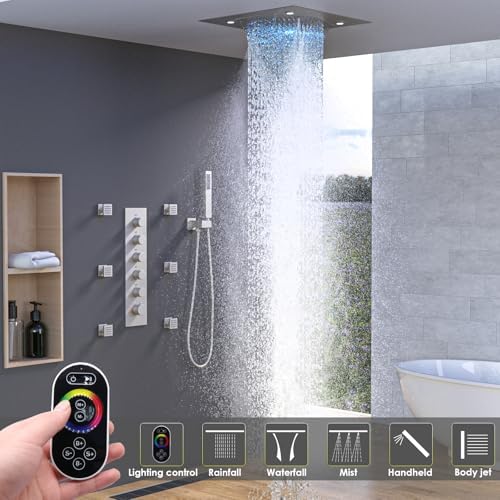 Enga Full Body LED Thermostatic Shower System with Body Jets  20 Inch 3 Function Shower Head  Rainfall & Mist & Waterfall   Luxury Multi Function Rain Shower Faucet Set  Matte Black