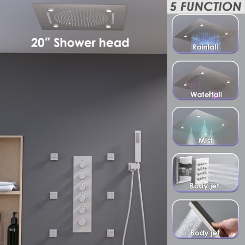 Enga Full Body LED Thermostatic Shower System with Body Jets  20 Inch 3 Function Shower Head  Rainfall & Mist & Waterfall   Luxury Multi Function Rain Shower Faucet Set  Matte Black