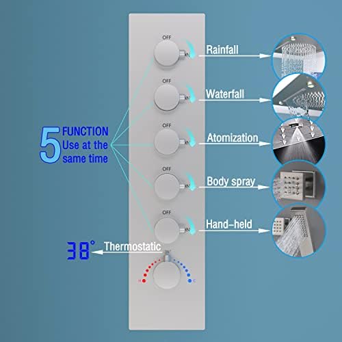 Enga Full Body LED Thermostatic Shower System with Body Jets  20 Inch 3 Function Shower Head  Rainfall & Mist & Waterfall   Luxury Multi Function Rain Shower Faucet Set  Matte Black