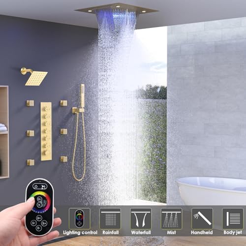 Enga Full Body LED Thermostatic Shower System with Body Jets  20 Inch 3 Function Shower Head  Rainfall & Mist & Waterfall   Luxury Multi Function Rain Shower Faucet Set  Matte Black