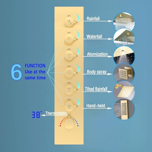 Enga Full Body LED Thermostatic Shower System with Body Jets  20 Inch 3 Function Shower Head  Rainfall & Mist & Waterfall   Luxury Multi Function Rain Shower Faucet Set  Matte Black