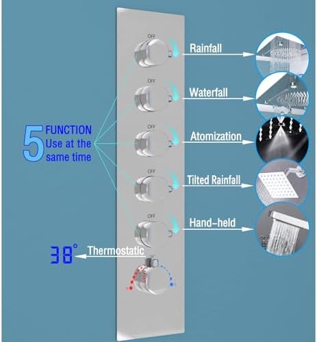 Enga Full Body LED Thermostatic Shower System with Body Jets  20 Inch 3 Function Shower Head  Rainfall & Mist & Waterfall   Luxury Multi Function Rain Shower Faucet Set  Matte Black