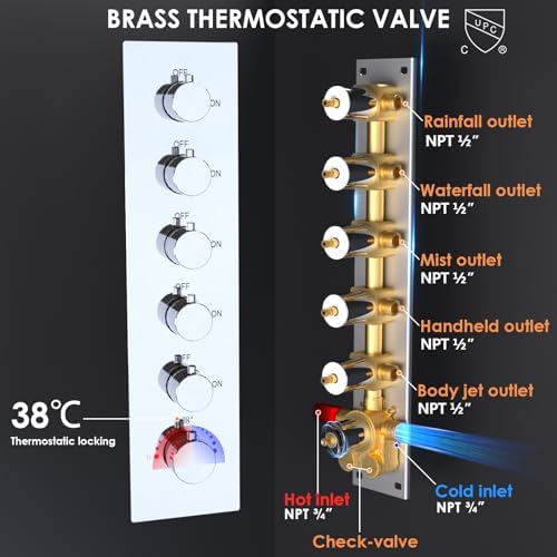 Enga Full Body LED Thermostatic Shower System with Body Jets  20 Inch 3 Function Shower Head  Rainfall & Mist & Waterfall   Luxury Multi Function Rain Shower Faucet Set  Matte Black