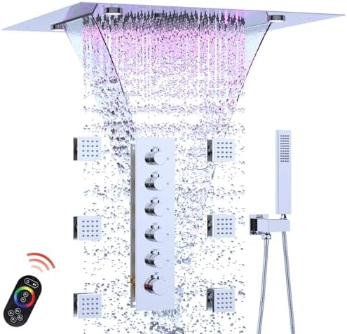 Enga Full Body LED Thermostatic Shower System with Body Jets  20 Inch 3 Function Shower Head  Rainfall & Mist & Waterfall   Luxury Multi Function Rain Shower Faucet Set  Matte Black