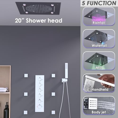 Enga Full Body LED Thermostatic Shower System with Body Jets  20 Inch 3 Function Shower Head  Rainfall & Mist & Waterfall   Luxury Multi Function Rain Shower Faucet Set  Matte Black