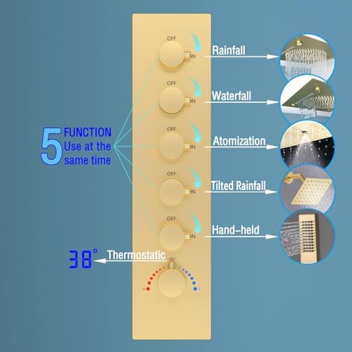 Enga Full Body LED Thermostatic Shower System with Body Jets  20 Inch 3 Function Shower Head  Rainfall & Mist & Waterfall   Luxury Multi Function Rain Shower Faucet Set  Matte Black