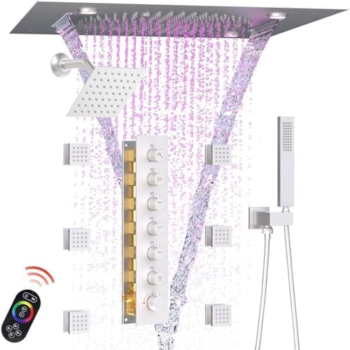 Enga Full Body LED Thermostatic Shower System with Body Jets  20 Inch 3 Function Shower Head  Rainfall & Mist & Waterfall   Luxury Multi Function Rain Shower Faucet Set  Matte Black