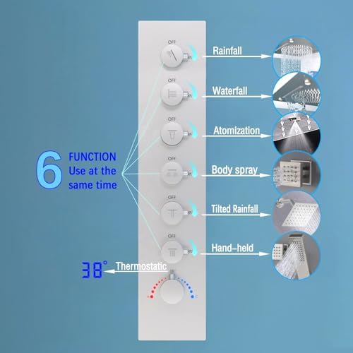 Enga Full Body LED Thermostatic Shower System with Body Jets  20 Inch 3 Function Shower Head  Rainfall & Mist & Waterfall   Luxury Multi Function Rain Shower Faucet Set  Matte Black