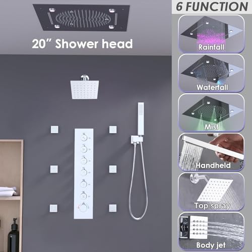 Enga Full Body LED Thermostatic Shower System with Body Jets  20 Inch 3 Function Shower Head  Rainfall & Mist & Waterfall   Luxury Multi Function Rain Shower Faucet Set  Matte Black