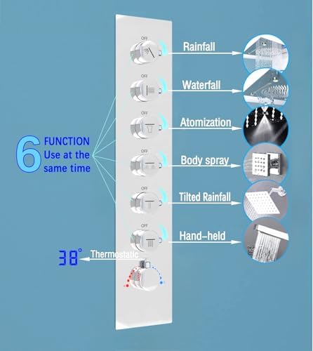 Enga Full Body LED Thermostatic Shower System with Body Jets  20 Inch 3 Function Shower Head  Rainfall & Mist & Waterfall   Luxury Multi Function Rain Shower Faucet Set  Matte Black