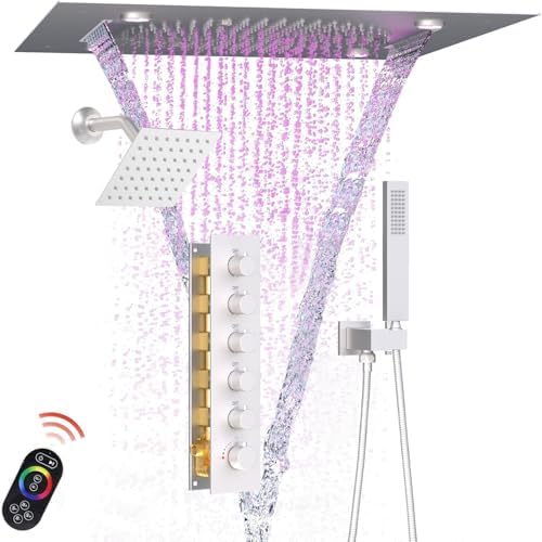 Enga Full Body LED Thermostatic Shower System with Body Jets  20 Inch 3 Function Shower Head  Rainfall & Mist & Waterfall   Luxury Multi Function Rain Shower Faucet Set  Matte Black