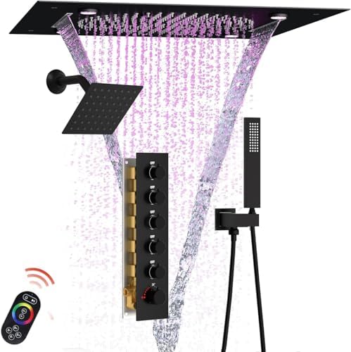 Enga Full Body LED Thermostatic Shower System with Body Jets  20 Inch 3 Function Shower Head  Rainfall & Mist & Waterfall   Luxury Multi Function Rain Shower Faucet Set  Matte Black