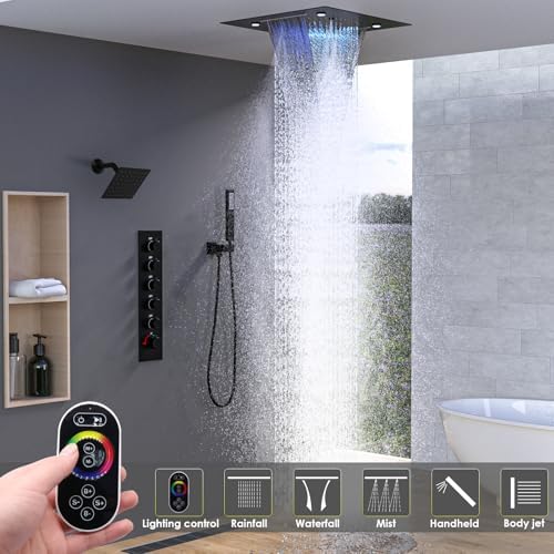 Enga Full Body LED Thermostatic Shower System with Body Jets  20 Inch 3 Function Shower Head  Rainfall & Mist & Waterfall   Luxury Multi Function Rain Shower Faucet Set  Matte Black